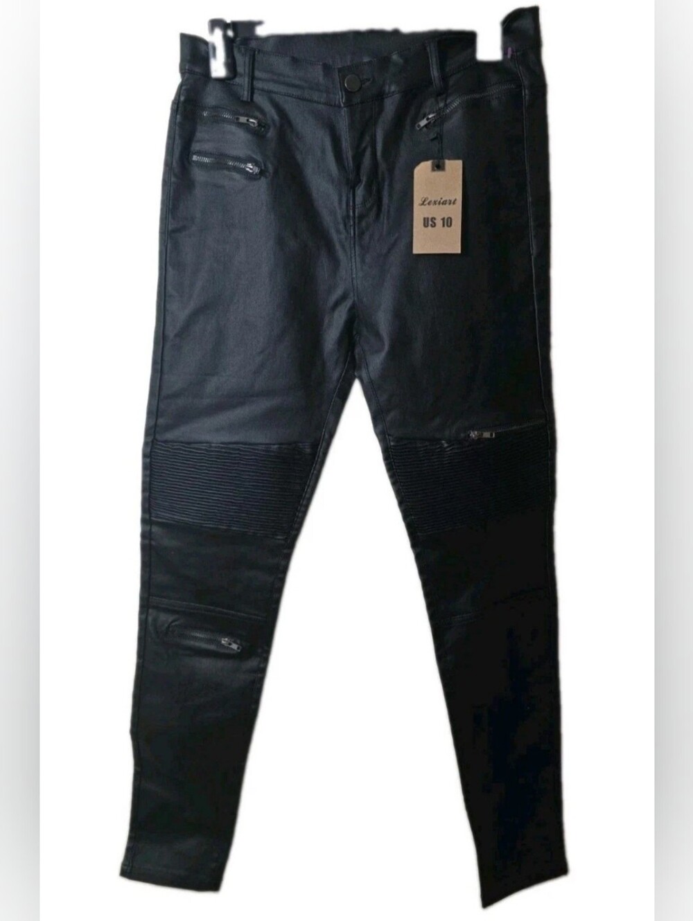Leviart Women's Ribbed Leg Faux Leather Style Biker Pants With Pockets Size 10